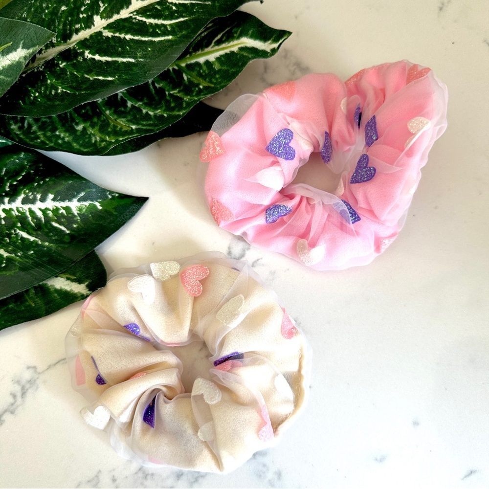 Pastel Pink Purple Cream Heart Scrunchie Hair Accessory Tie Coquette Sparkle NEW